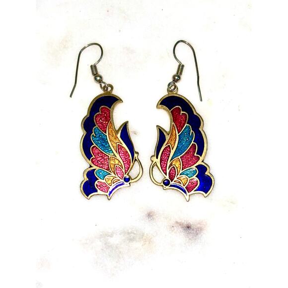 Cloisonne Multicolor Enamel Butterfly Dangle Drop Earrings - Picture 4 of 5